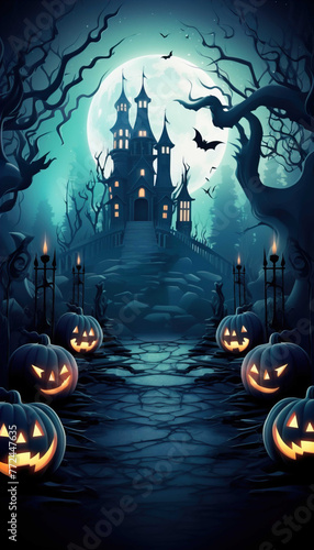 Invitation card for happy halloween party image castle , full frame decoration , dark Generate AI