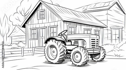 Agrarian silhouette: Outline drawing for coloring, presenting a tractor against a wooden barn, symbolizing the simplicity of country life.