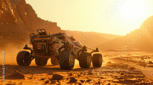 Mars rover drives on desert, futuristic vehicle on Martian surface, scene on deserted planet. Concept of technology, mission, science, discovery and future.