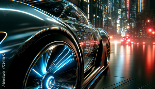 Extreme close-up of ultra-futuristic car capturing the detailed textures and advanced design elements against a neon-lit night-time metropolis landscape background.