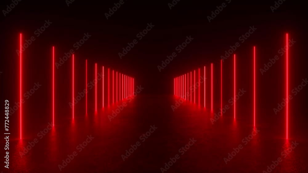 A dark hallway illuminated by red neon lights creating a futuristic and eerie atmosphere. A dark hallway illuminated by red neon lights creating a futuristic and eerie atmosphere.