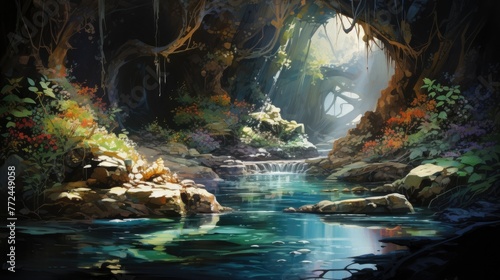 Enchanting Entrance to a Forgotten Fantasy Realm with Glowing Brook and Vibrant Watercolor Landscape
