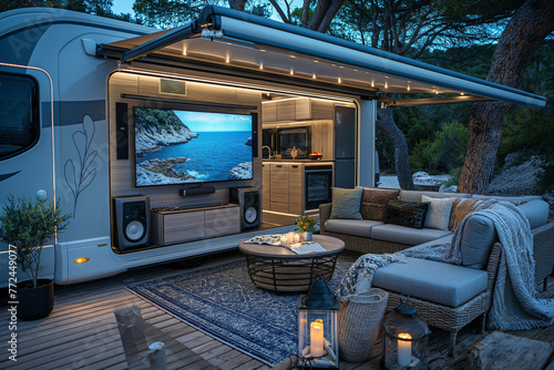 Luxurious Modern RV Parked in Serene Nature Spot by Ocean Under Starry Night