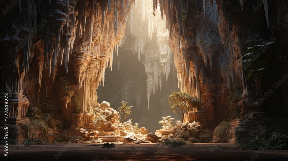 Majestic Illuminated Cave Entrance Adorned with Glistening Stalactites and Stalagmites Bathed in Soft Warm Light Evoking a Mystical and Inviting - obrazy, fototapety, plakaty 
