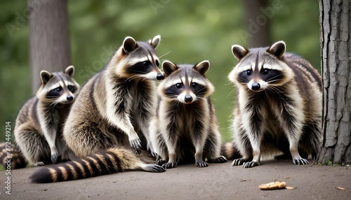 A Raccoon With A Group Of Other Raccoons Socializ  3 photo