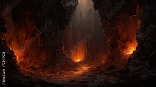 Dramatic and Atmospheric Campfire Lit Cave Entrance Enveloped in Shadows and Smoke photo