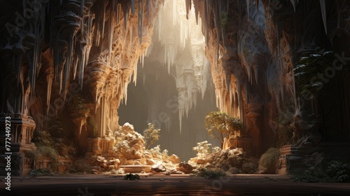 Majestic Illuminated Cave Entrance Adorned with Glistening Stalactites and Stalagmites Bathed in Soft Warm Light Evoking a Mystical and Inviting