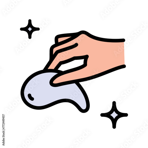 Eye gel patches in hand color icon. Simple logo for cosmetics. Simple illustration of eye mask. Trend care products. Flat isolated vector sign on white background.