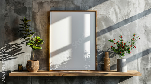 Blank mock up poster frame on wooden shelf against concrete wall. Loft modern contemporary interior design. © steve