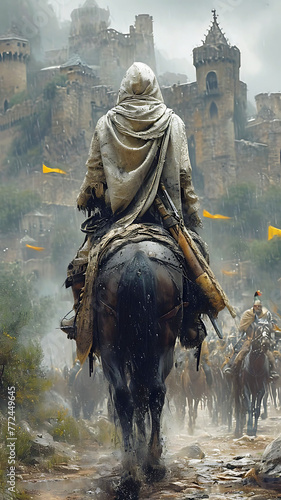a man on a horse with a sword and a flag in the background