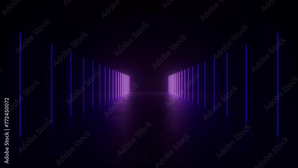 Explore a futuristic tunnel illuminated by purple neon lights, creating an eerie and mysterious atmosphere.