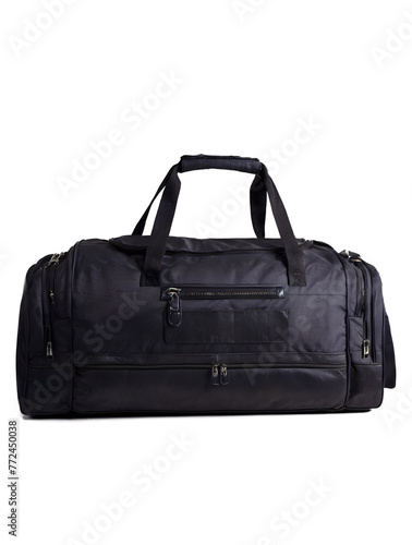 Black duffle bag with multiple compartments isolated on a white background, png.
