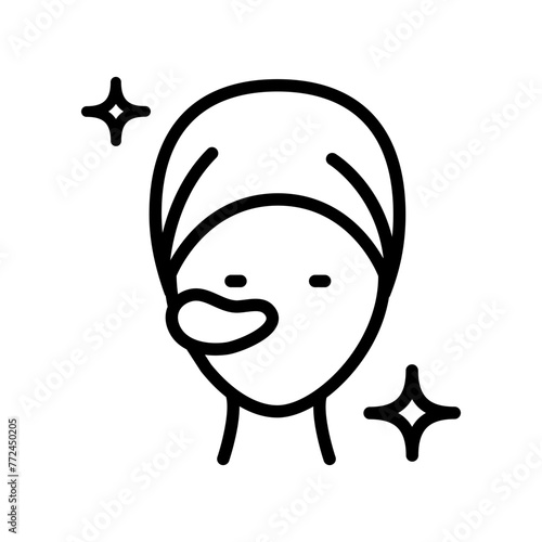 Girl face with patches line icon. Beauty procedure concept, applying cosmetic patches under the eyes sign on white background. Gel patch on face icon outline style. Vector graphics.