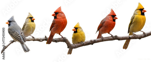 Vibrant birds, including cardinals and a tufted titmouse, perched sequentially on a tree branch isolated on a white background, png.