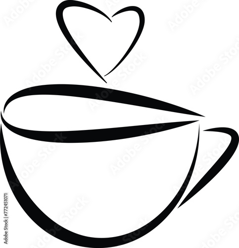 Coffee cup with a heart shaped steam vector illustration, smooth black lines