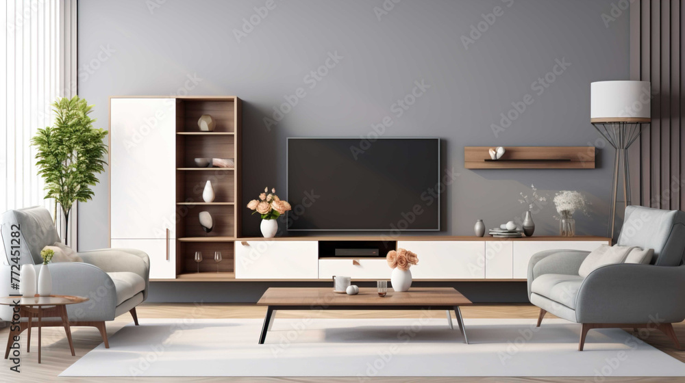 Luxury Living Room Interior With Empty Screen Television Se 3D Render  , Generate AI