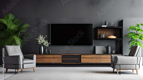 Luxury Living Room Interior With Empty Screen Television Se 3D Render  , Generate AI photo