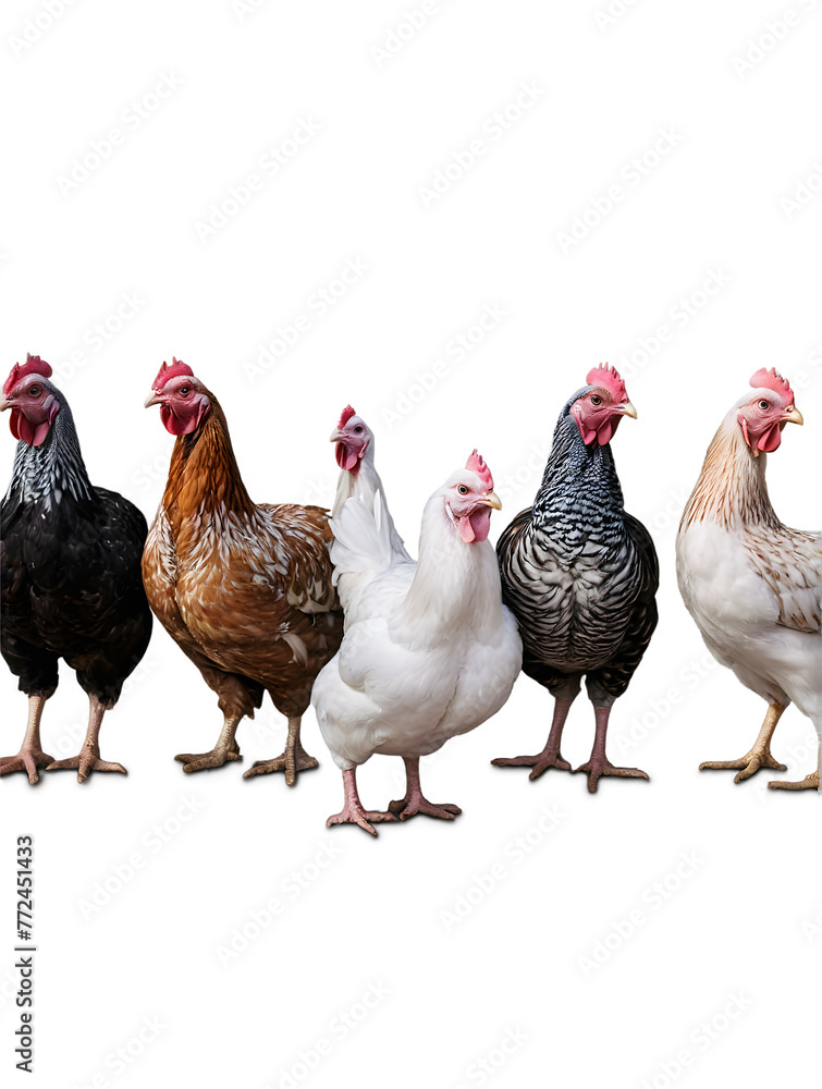 Fototapeta premium Variety of Chickens Isolated on White Background, png.