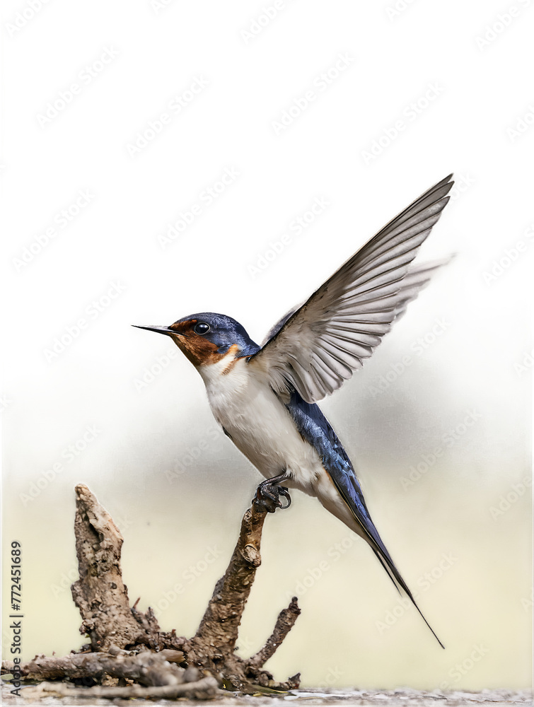 Barn swallow bird with wings spread on a dry branch, signifying freedom and the beauty of wildlife isolated on a white background, png. Barn swallow bird with wings spread on a dry branch, signifying freedom and the beauty of wildlife isolated on a white background, png.