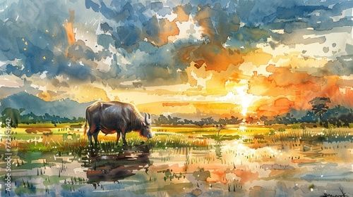 Tranquil Watercolor of a Water Buffalo Grazing in a Paddy Field at Vibrant Sunset