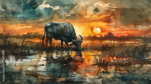 Serene Water Buffalo Grazing in Vibrant Paddy Field at Sunset