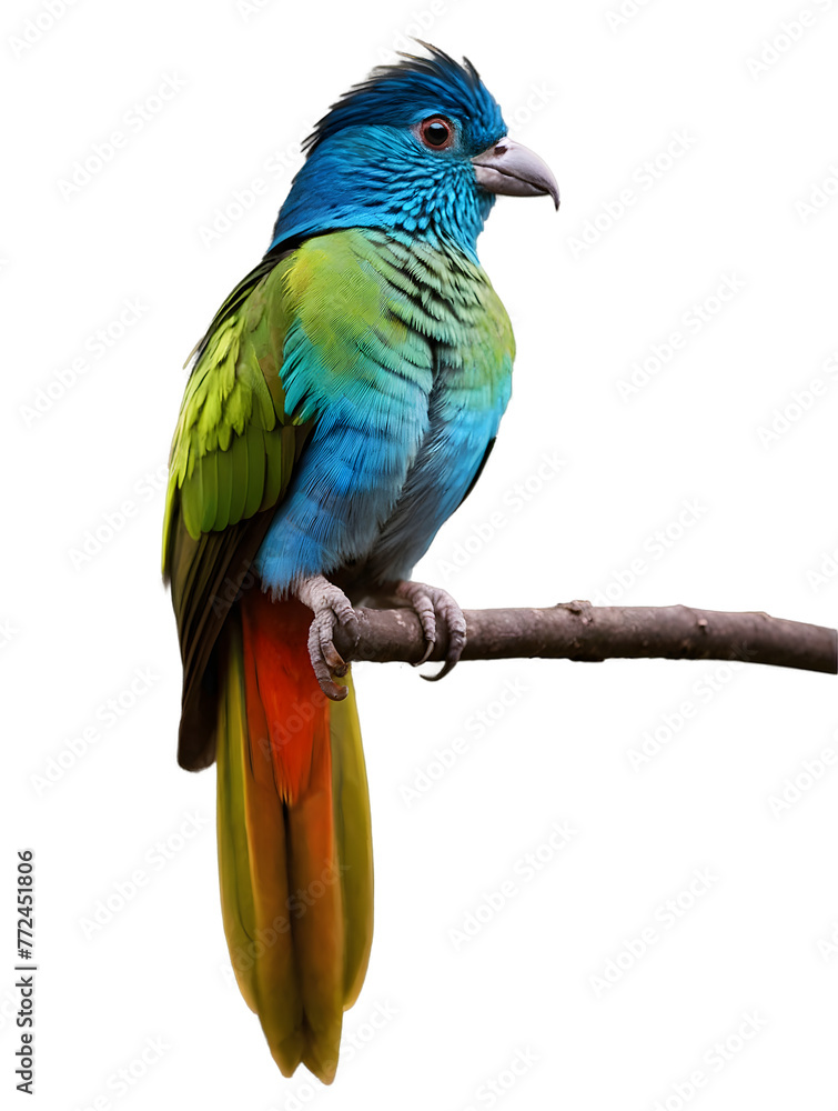 Fototapeta premium Blue and yellow macaw, vibrant multi-colored parrot sits perched on a branch, isolated on a white background, png.