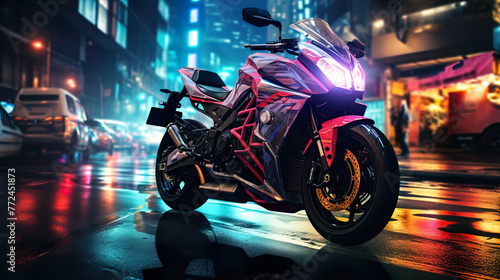 Night motorcycle driving downtown colorful on city streets , like colorful flashes, flash light car photo  , Generate AI © VinaAmeliaGRPHIC