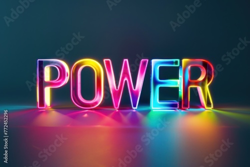 3D text "POWER" with a neon light effect on a dark background.