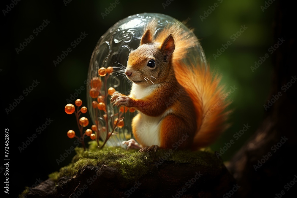 Fototapeta premium Squirrel acorn forest autumn. Rodent tail tree. Generate Ai