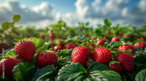 A field of red strawberries with green leaves. AI.
