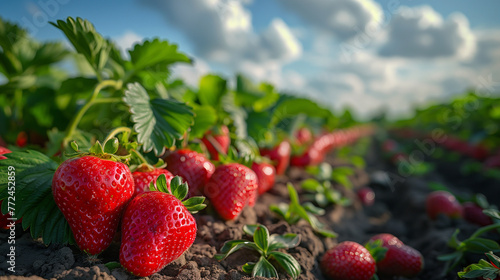 A field of red strawberries with green leaves. AI.