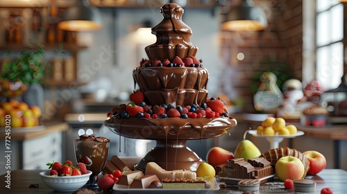 Decadent Chocolate Fountain Surrounded by Assorted Desserts and Fruits for Dipping © Sittichok