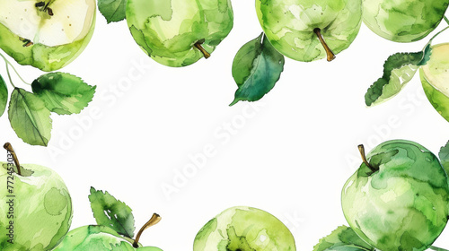 watercolor green apples background with copy space in the center