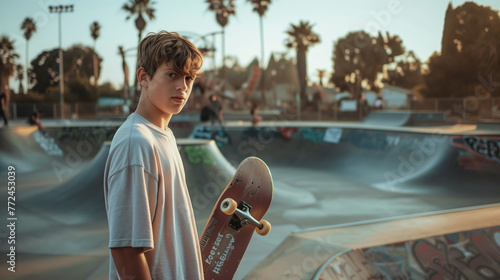 Portrait of a 15-year-old boy with his skateboard at a skate park