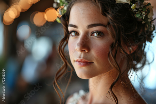 Close portrait of young beautiful bride with elegant wedding hairstyle and makeup.