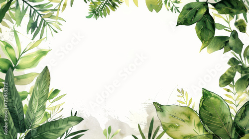 watercolor green leaves background with copy space in the center