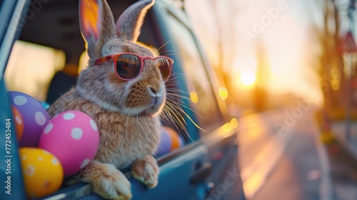 Adorable Bunny Gazing from Car Filled with Festive Easter Eggs during Radiant Sunset