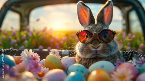 Adorable Easter Bunny Admiring Sunset View from Vintage Car Filled with Colorful Eggs