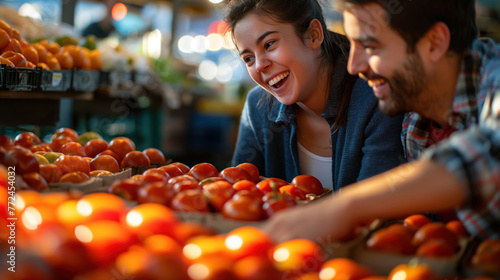 Cheerful Couple Shopping for Fresh Tomatoes at Local Market
