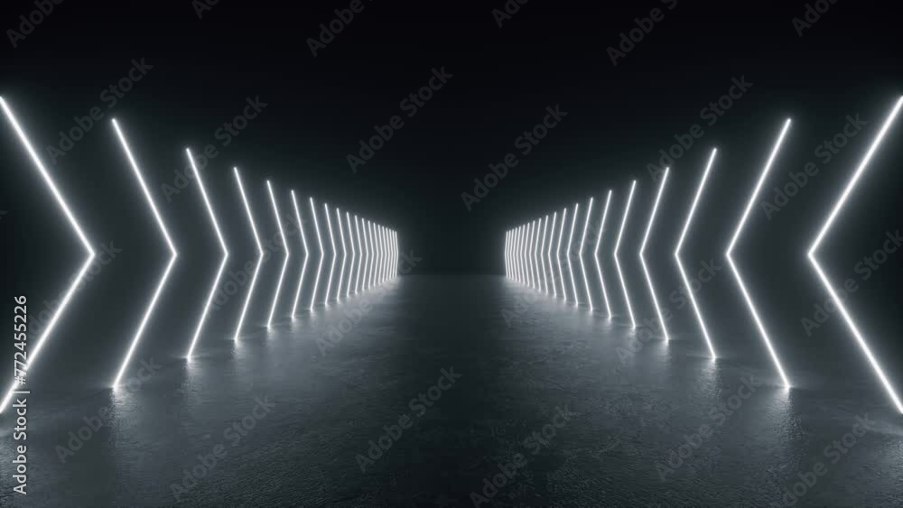 4K Animation Loop Futuristic Sci Fi Lines White Neon Tube Lights Glowing In Concrete Floor Room With Reflections Empty Space. Alien, Spaceship, Future, Arch. Moving forward. 3D Rendering