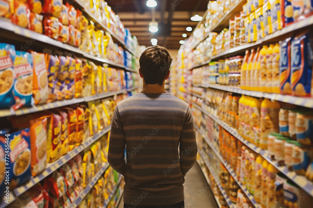 Rear view of man standing in aisle of food store in supermarket