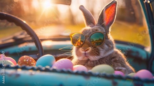 Vintage Car Interior with Adorable Sunglasses Wearing Easter Bunny and Colorful Eggs in Warm Sunset Glow