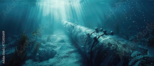 Global underwater communication network, a hyperrealistic submarine fiberoptic cable scene