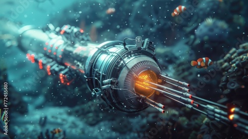 Hightech submarine communication cable, hyperrealistic depiction among deep sea creatures