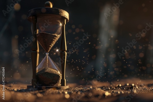 Hourglass in hyperrealistic detail, foreground focus with trickling sand, symbolizing pressing time