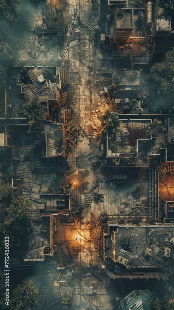 Hyperrealistic, topdown battlemap of empty, scifi suburban ruins, cyberpunk destruction