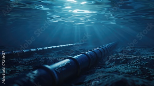 Hyperrealistic view of global communication, a submarine fiberoptic cable under moody oceanic light photo
