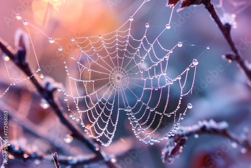 a spider's web, sparkling with dewdrops in the early morning light, capturing the ephemeral beauty and intricate architecture of nature's own masterpiece