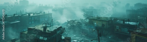 Scifi suburban devastation, topdown perspective, hyperrealistic cyberpunk wasteland