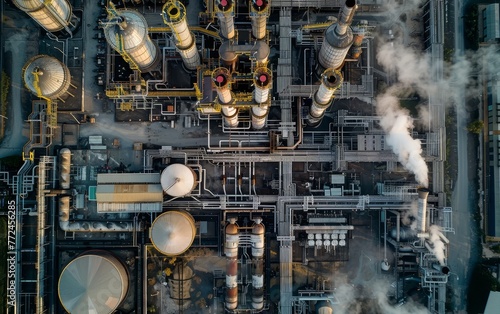 An overhead view of an industrial plant, revealing a complex maze of rusted tanks, pipes and machinery in shades of blue and orange. © Artsaba Family